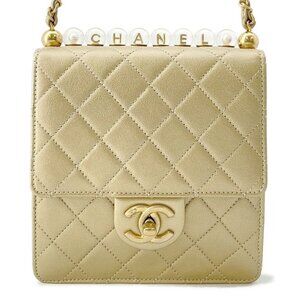 CHANEL Matelasse Clear Pearl Shoulder Bag Goatskin Leather Gold AS0584